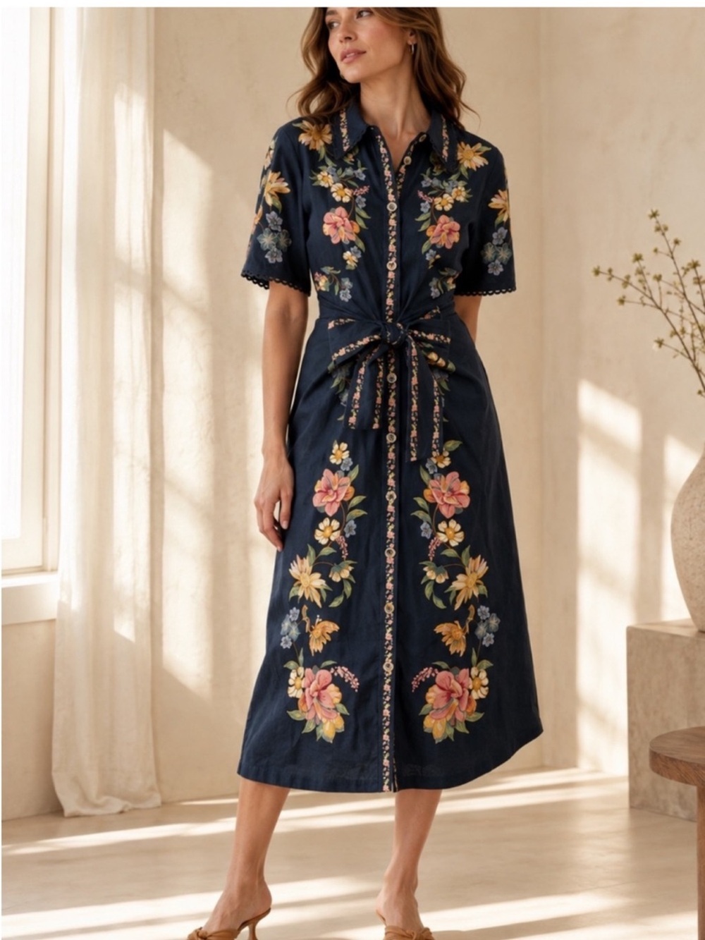 FARM RIO Maira Belted Floral Midi Dress Shirtdress Dark Navy Blue